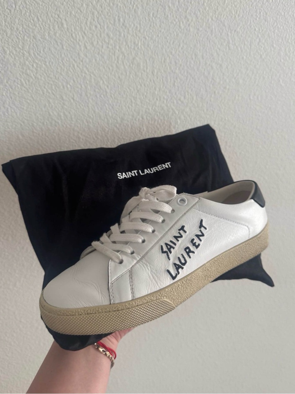 Saint Laurent White Leather Sneakers with Tan Platform and Black Heel Tab